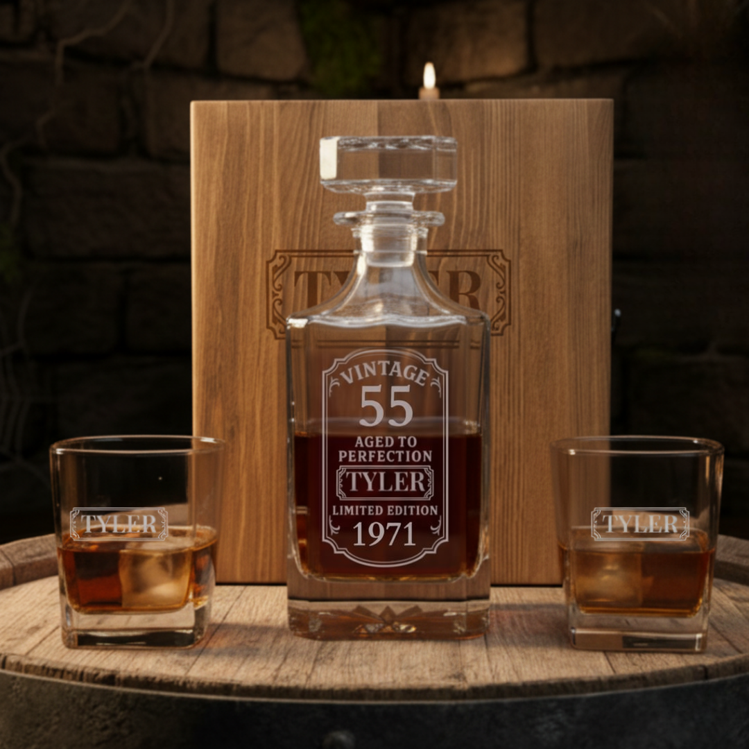 Personalized 55th birthday whiskey decanter set displayed on a barrel, decanter engraved Vintage 55 Aged to Perfection with two matching rocks glasses