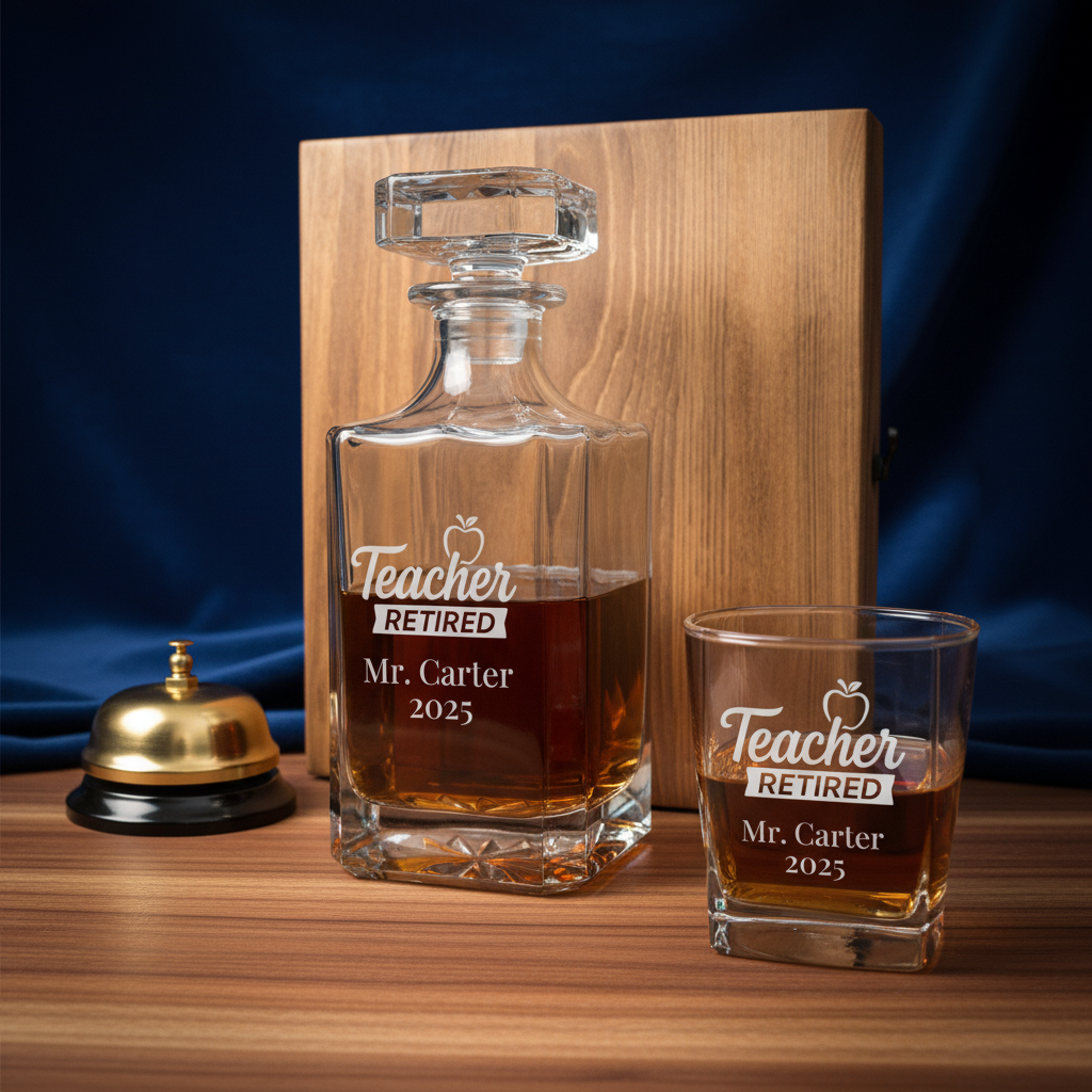 Final Bell Teacher Retirement Decanter Set — Detail Shot