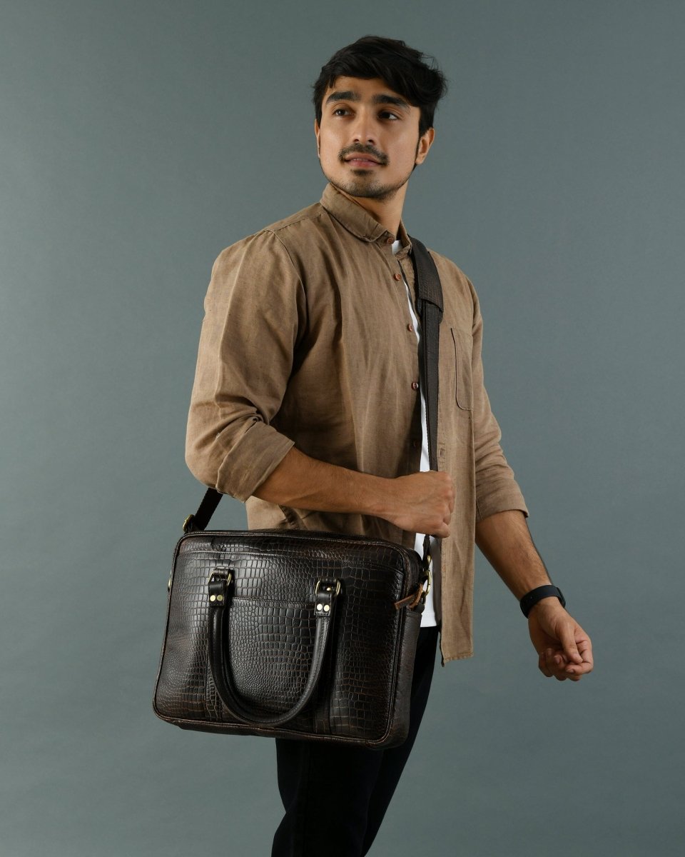 Unique Personalized Croco Design Leather Briefcase 14" Customized Gifts for Men by Groovy Guy