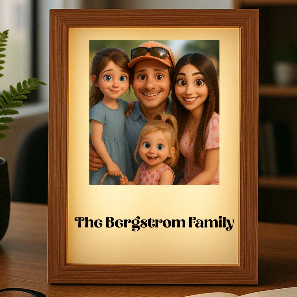 Wooden frame with cream mat displaying sample cartoon-style family portrait, personalized with "The Bergstrom Family" text below image, LED-backlit acrylic face