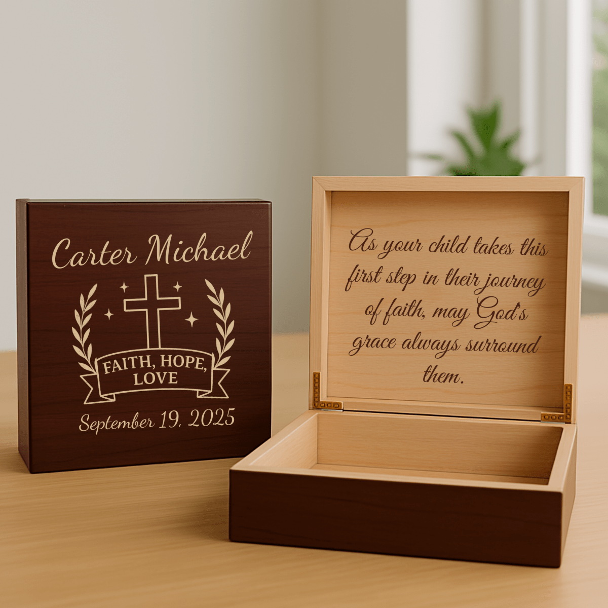 Customized baptism keepsake box with engraved name and baptism date, a cross, and meaningful quote 'Faith, Hope, Love'