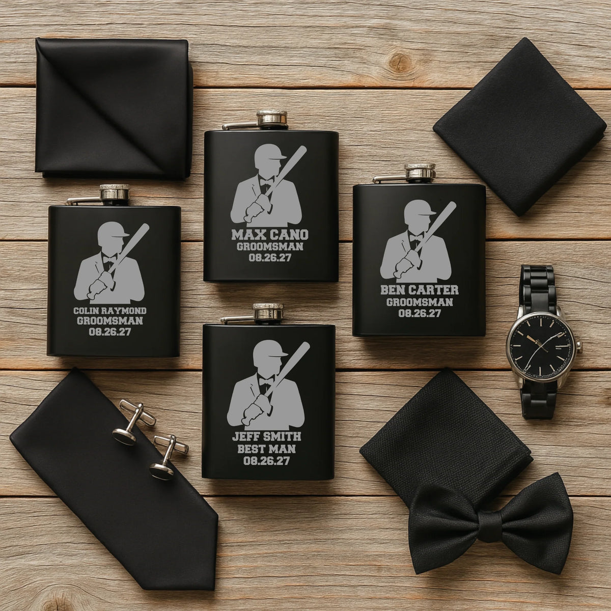 Matte black personalized groomsmen flask with engraved name, wedding role, date, and baseball silhouette design