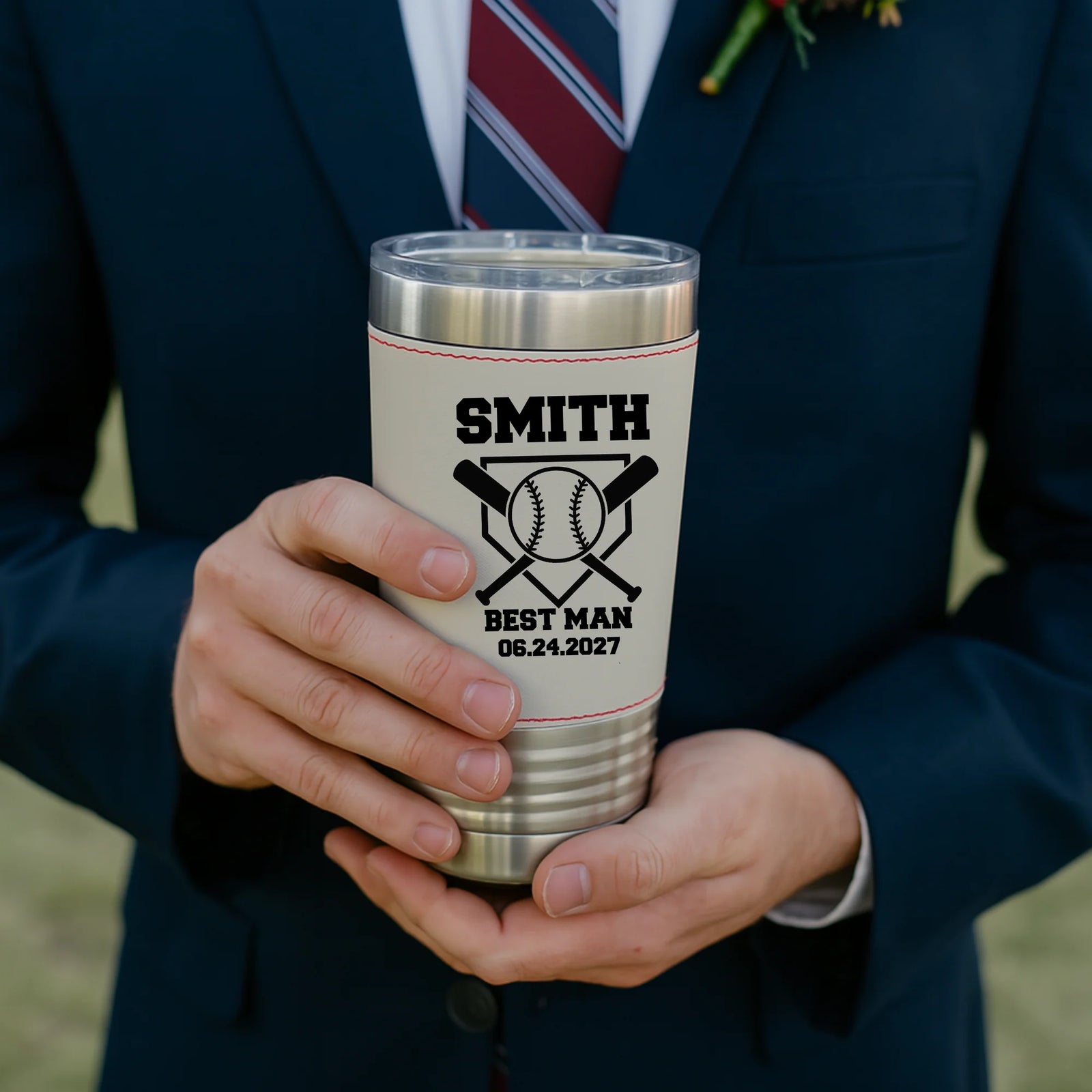 Baseball-themed personalized tumbler with leather stitching and custom engraving for groomsmen gift