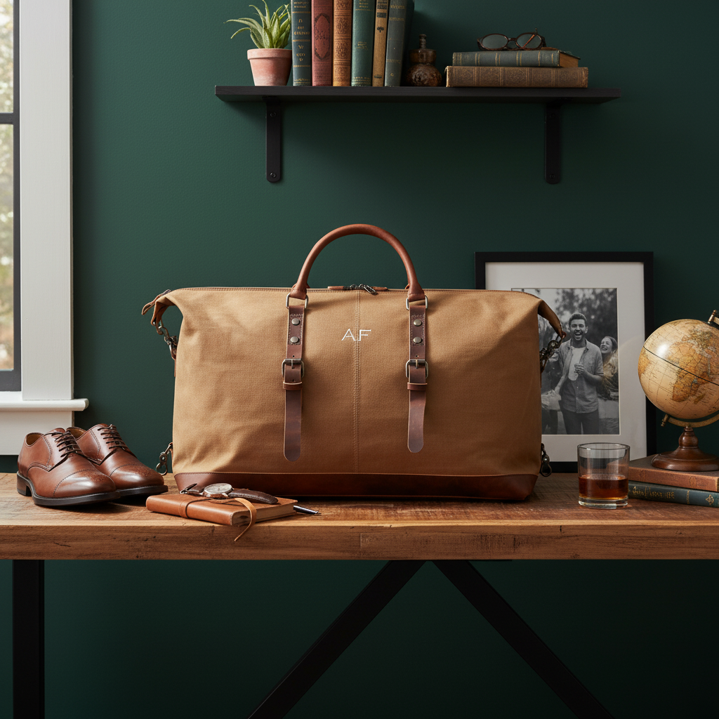 Tan waxed canvas duffle bag with brown leather handles and straps, monogrammed with sample initials "AF" on front panel, displayed on wooden desk in styled room setting.