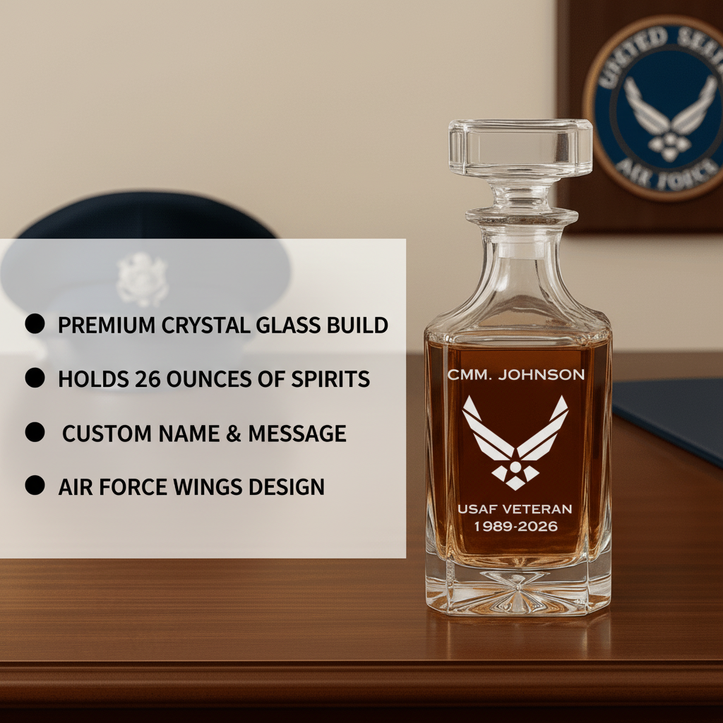 Crystal decanter with sample personalization reading "CMM. JOHNSON" and "USAF VETERAN 1989-2026" laser-engraved with Air Force wings emblem, filled with amber spirits and topped with glass stopper