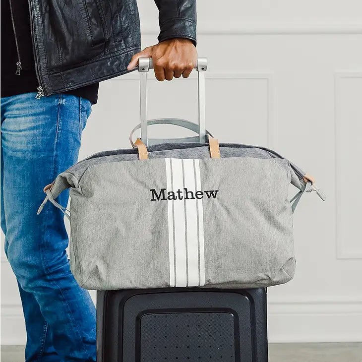 Unique Personalized Striped Embroidered Overnighter Customized Duffel Bags Gifts for Men by Groovy Guy