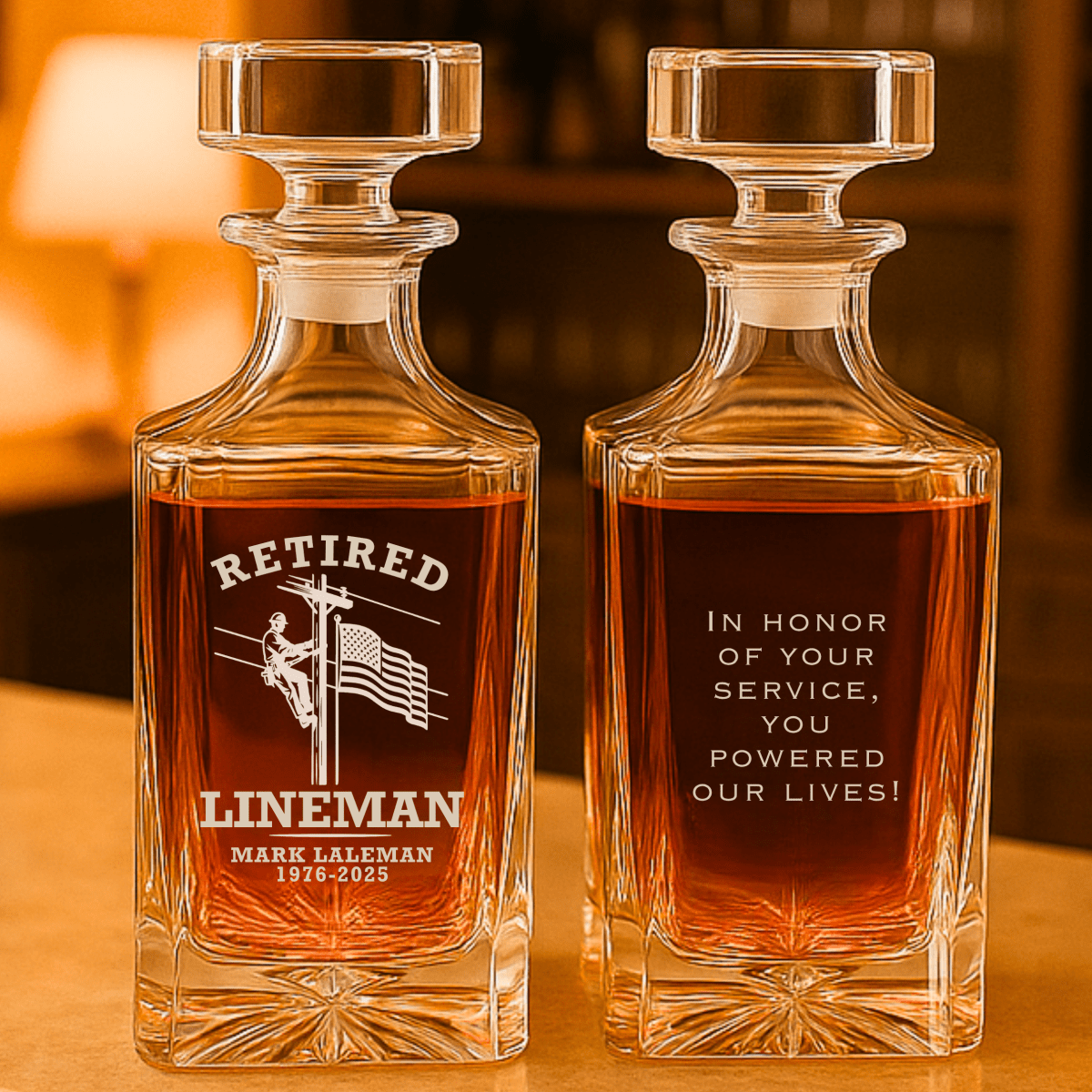 Engraved Lineman Retirement Decanter with Personalized Name, Years of Service, and Message