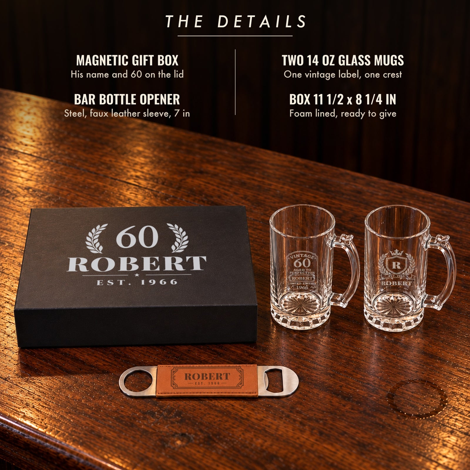 The details of the 60th birthday beer gift set: magnetic gift box with his name and 60, two 14 oz glass mugs and a bottle opener