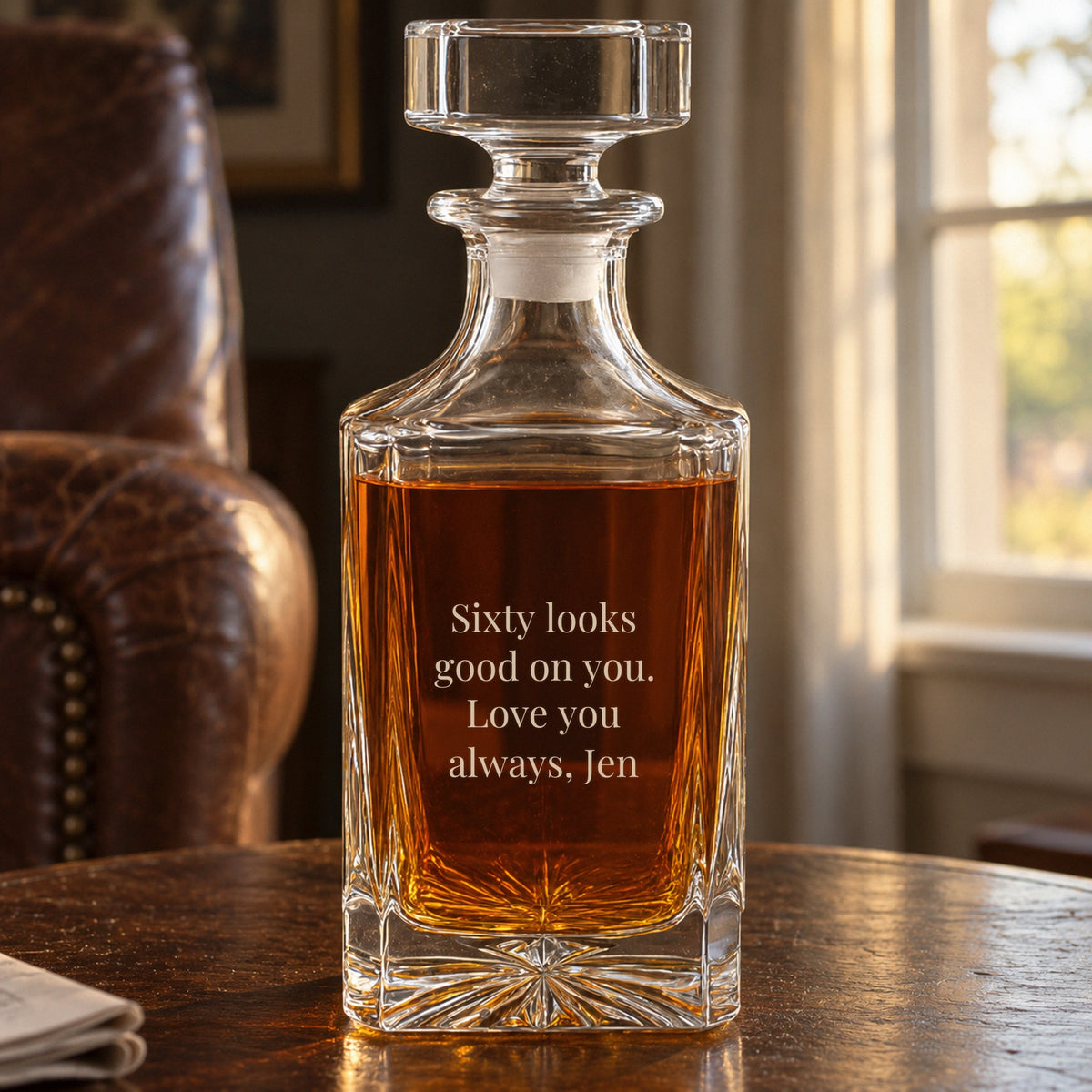 Back of the engraved 60th birthday decanter with the custom message Sixty looks good on you, love you always, Jen, a 60th birthday gift for him