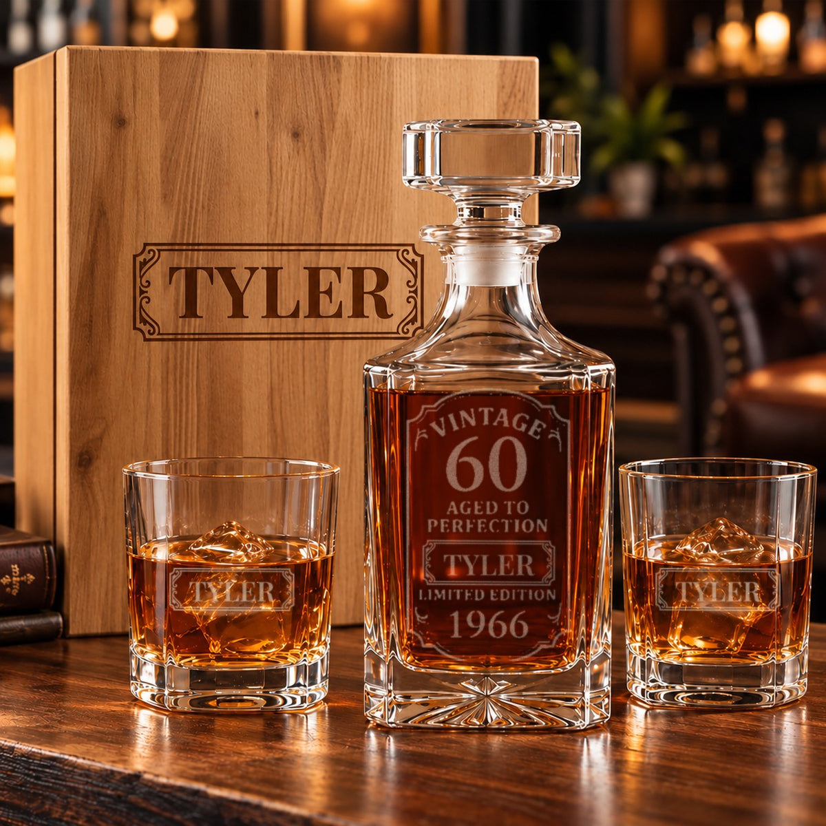 Whiskey decanter etched Vintage 60 Aged to Perfection with the sample name TYLER and 1966, two matching etched glasses and a pine gift box with the name on the lid
