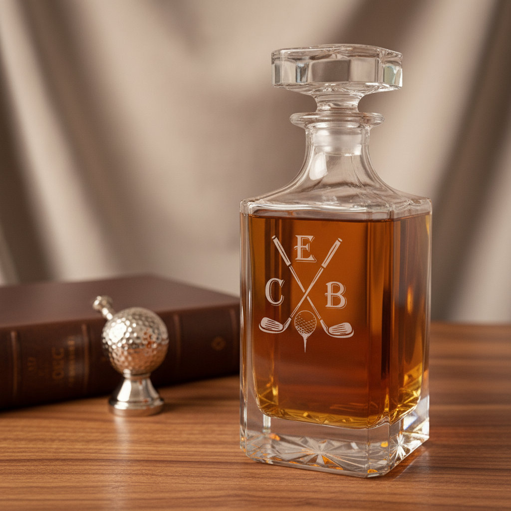 Crystal whiskey decanter with crossed golf clubs and sample monogram "CEB" laser-engraved on front, filled with amber liquor, square base design