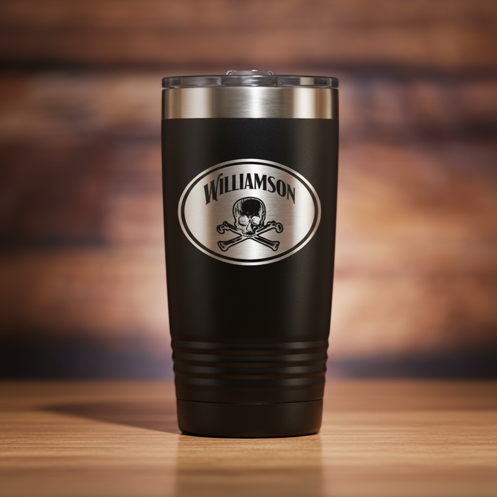 Black stainless steel tumbler with brushed metal band at top, featuring laser-engraved oval badge with "WILLIAMSON" text and skull and crossbones design