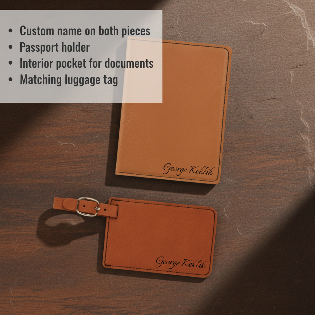 Tan leather passport cover and matching luggage tag, both personalized with sample engraving "George Keklik" in script, displayed on wooden surface