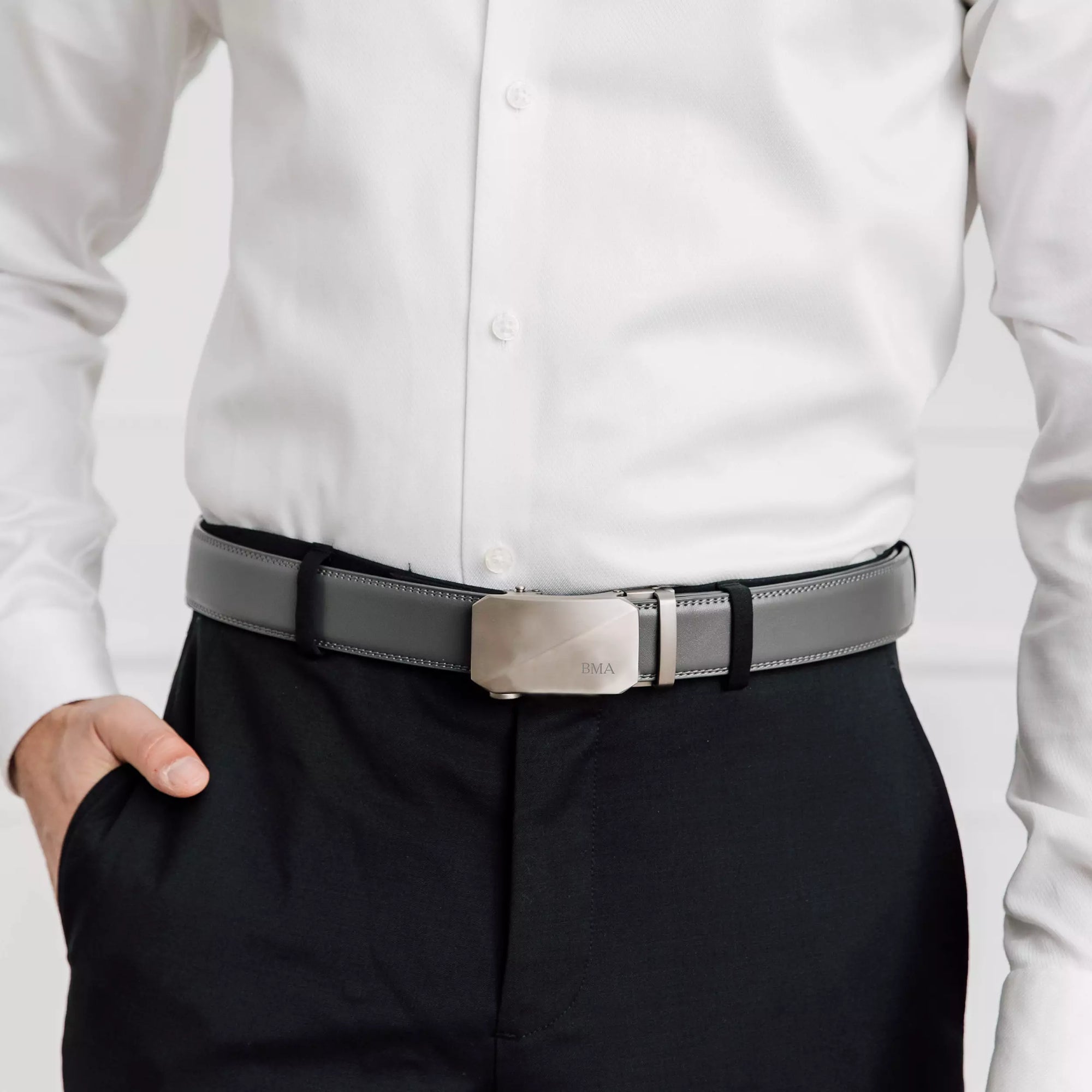 Men's Gray Leather Belt - Monogrammed Silver Buckle