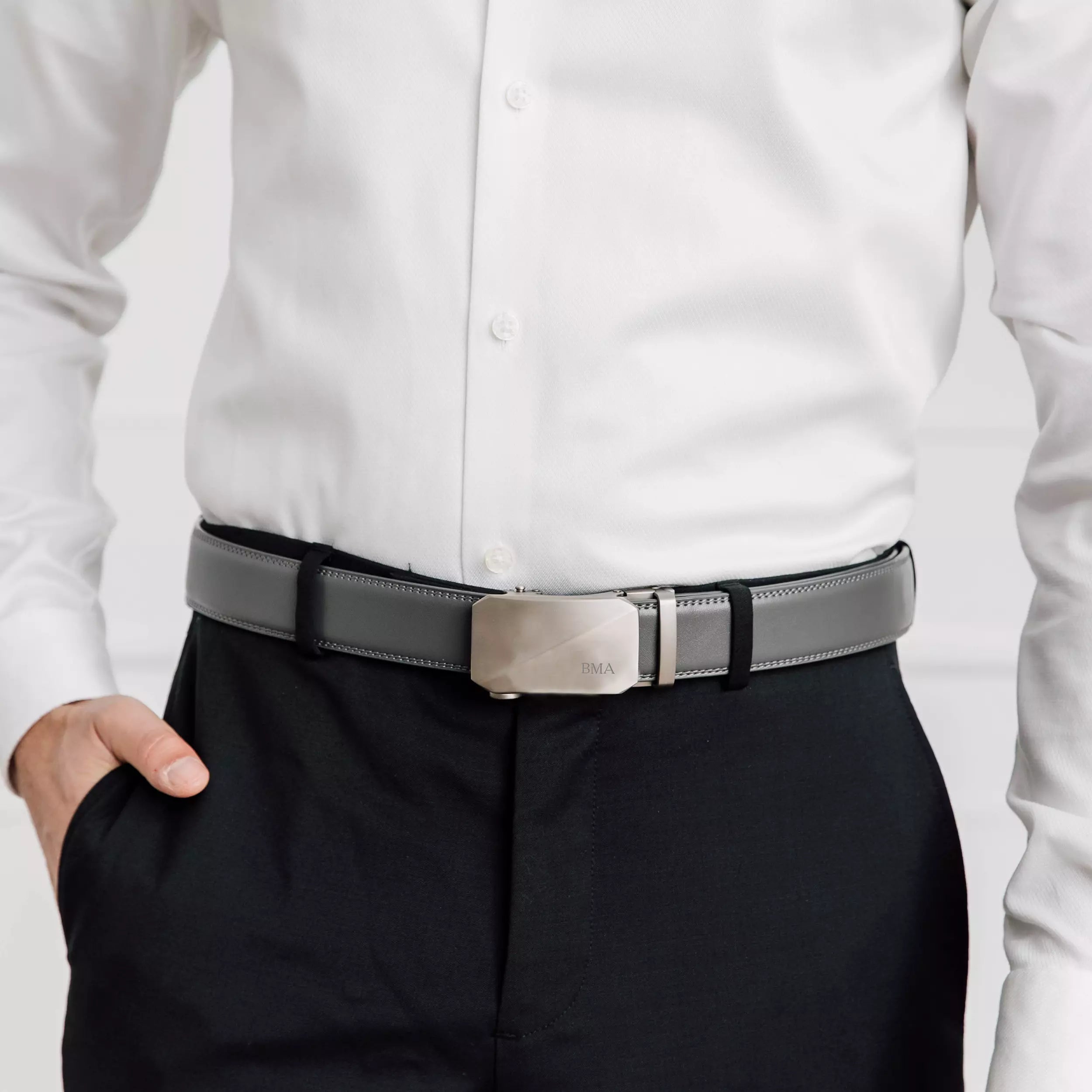 Men s Monogrammed Leather Belt Gray Belt with Silver Buckle