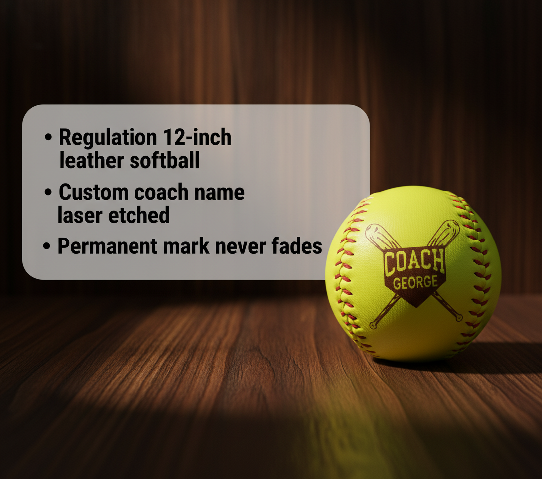 Bright yellow leather softball with laser-etched design featuring a custom coach name and team season details