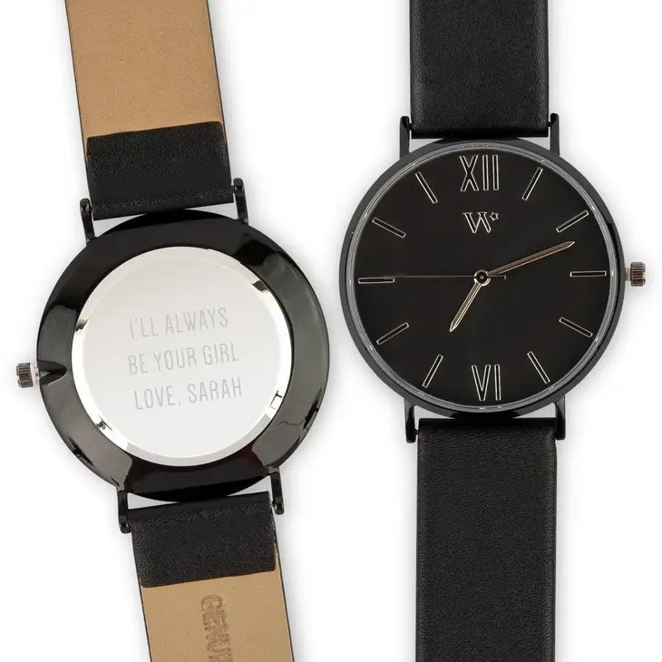 Unique Personalized Black Leather Time Piece Customized Watches Gifts for Men by Groovy Guy