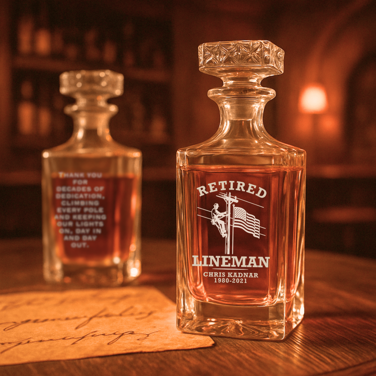 Unique Personalized Lineman Retirement Decanter Customized Retirement Gifts for Men by Groovy Guy