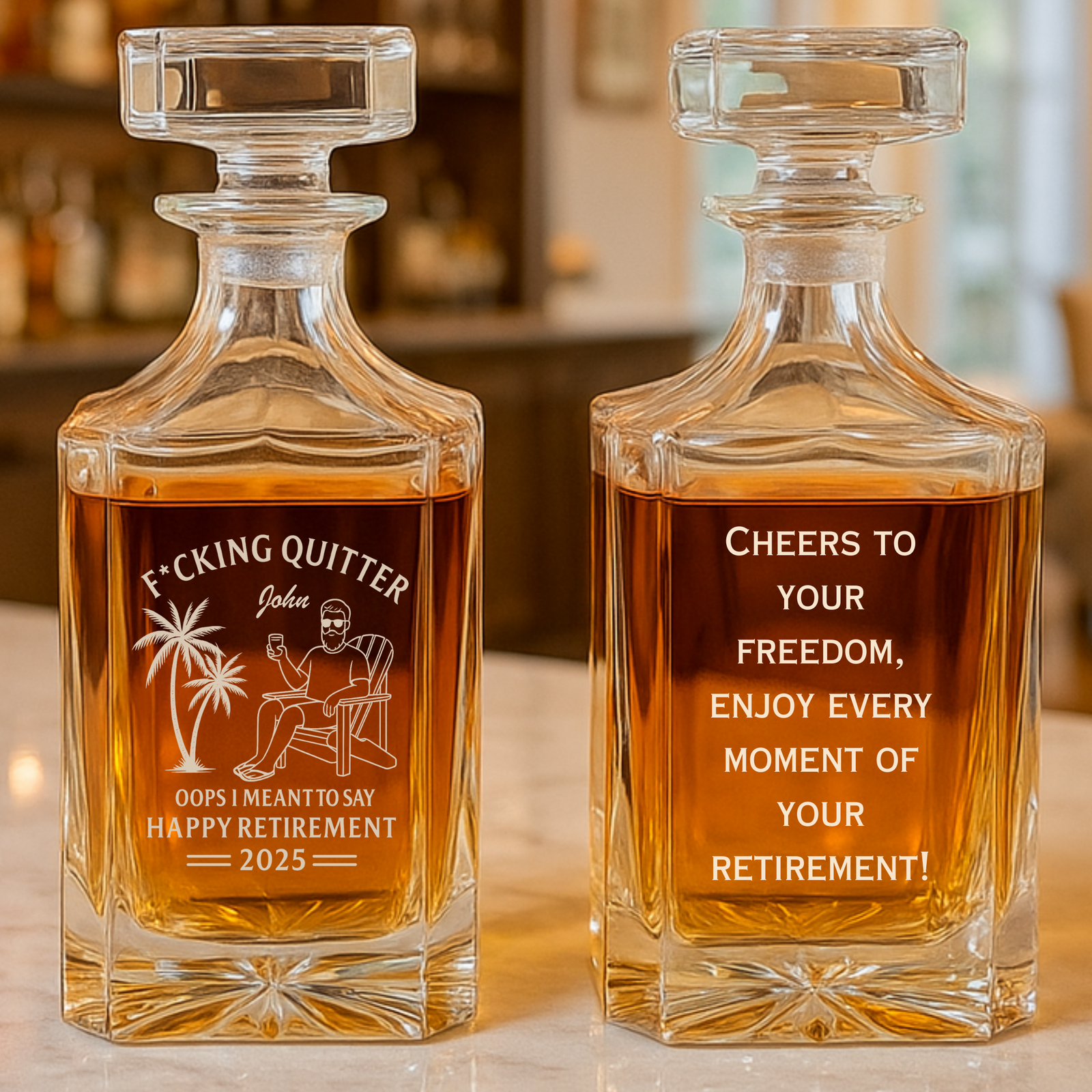 Pair of personalized whiskey decanters with sample engraving showing retirement humor on front and custom message on back, filled with amber liquid