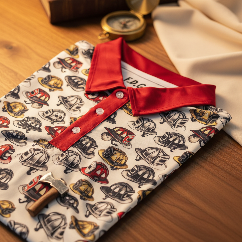 Cream-colored golf polo with red and gold fire helmet print laid flat on wooden surface, styled with red button-up shirt, compass, and rolled blueprint nearby.
