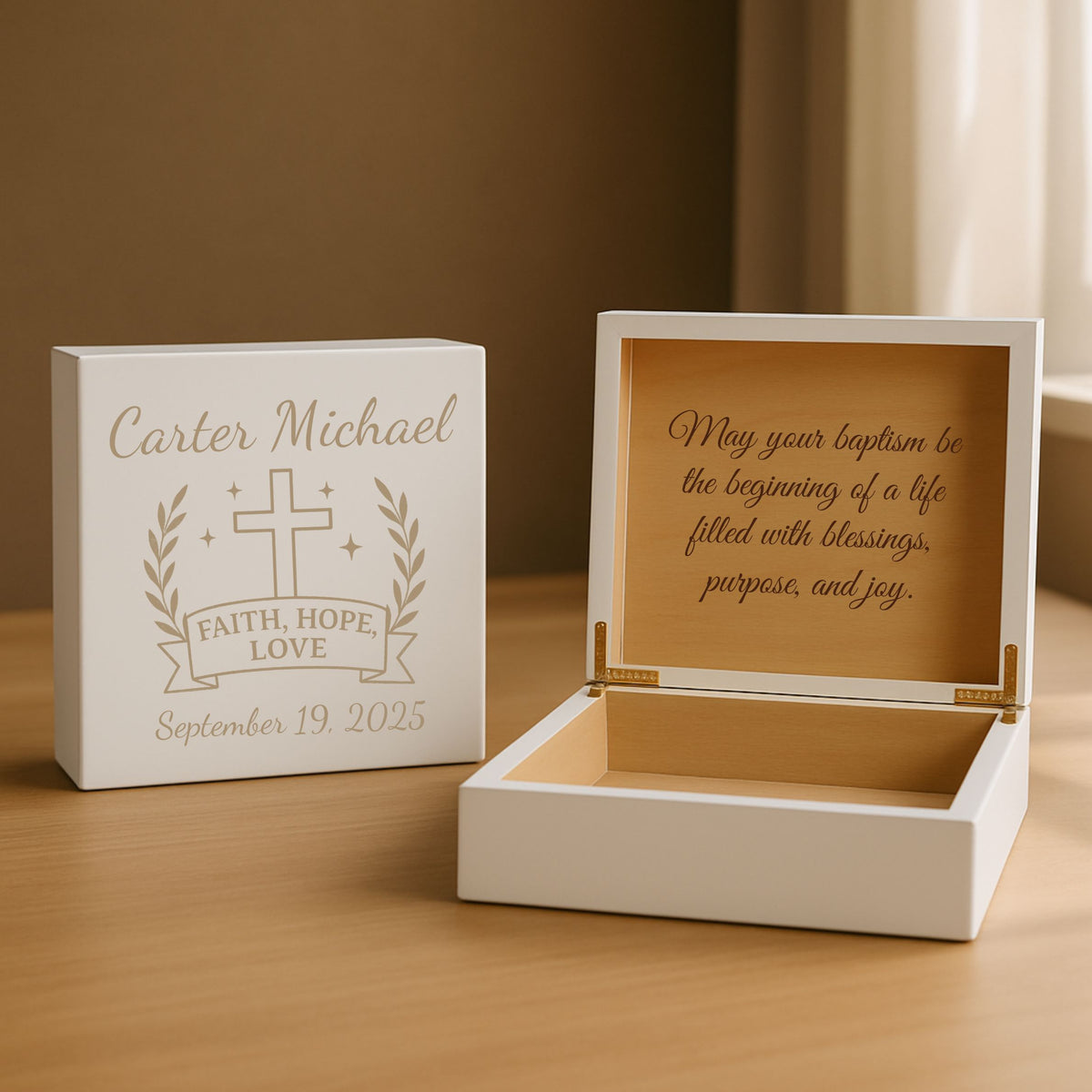 Customized baptism keepsake box with engraved name and baptism date, a cross, and meaningful quote 'Faith, Hope, Love'