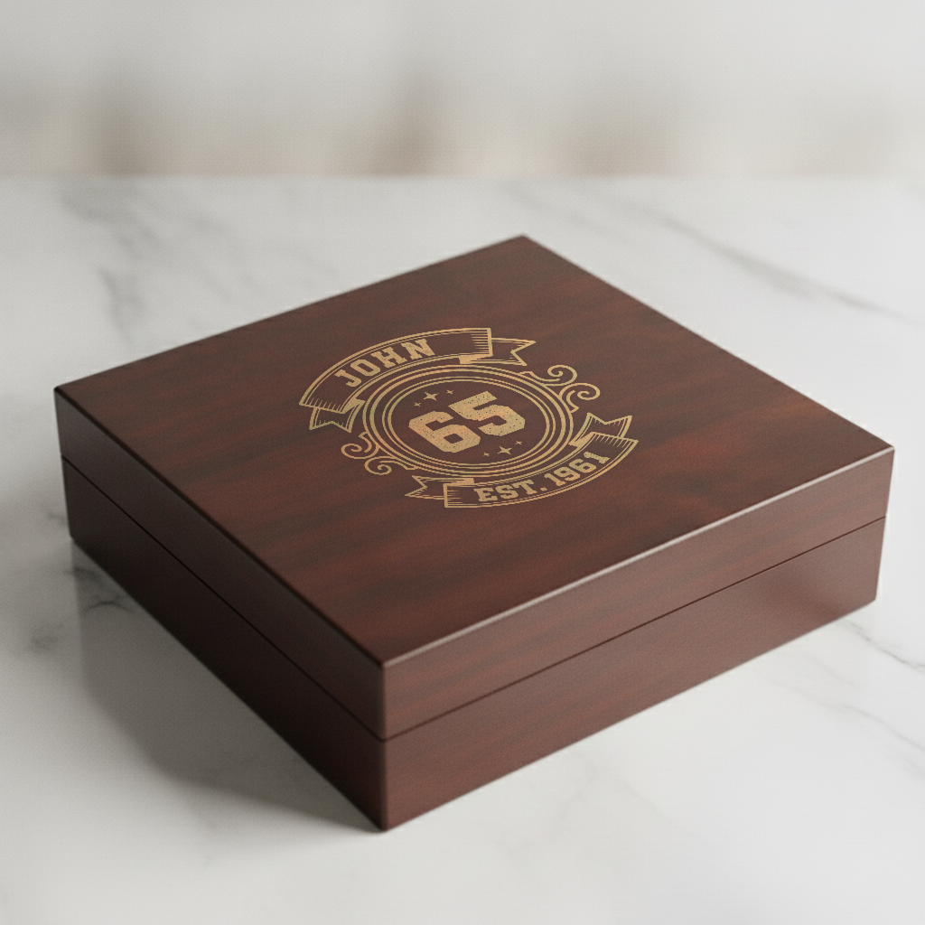 Personalized 65th birthday keepsake box in dark cherry wood, laser engraved with a gold vintage crest showing a name, the number 65 and the birth year, photographed on white marble