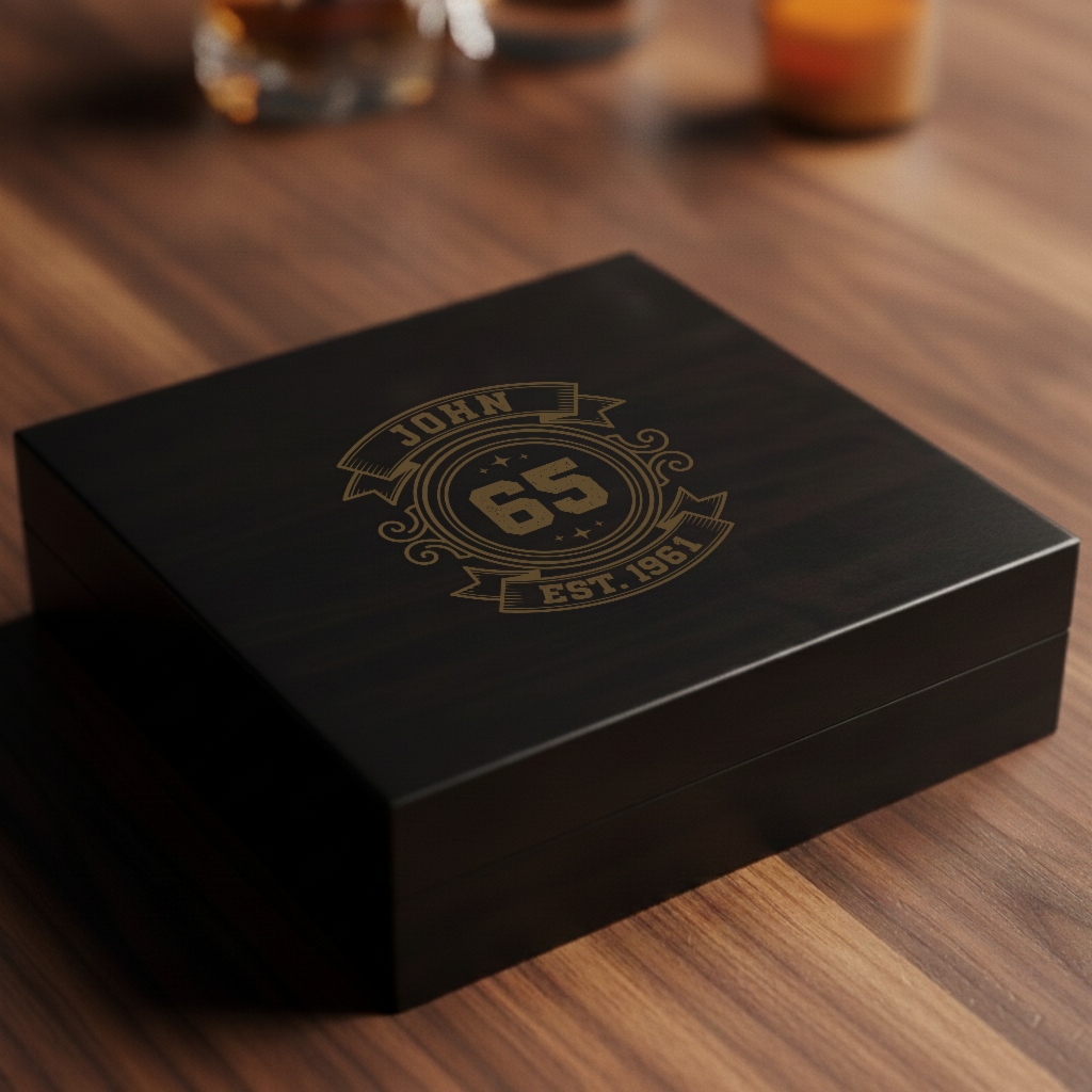 Personalized 65th birthday keepsake box in black wood engraved with a gold crest reading John, 65 and Est 1961, shown on a walnut table with whiskey glasses behind it