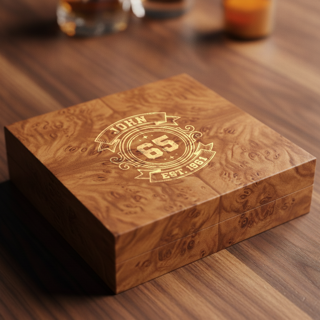 Personalized 65th birthday keepsake box in figured burl wood with a pale gold engraved crest showing a name, the number 65 and the birth year, on a warm wood table