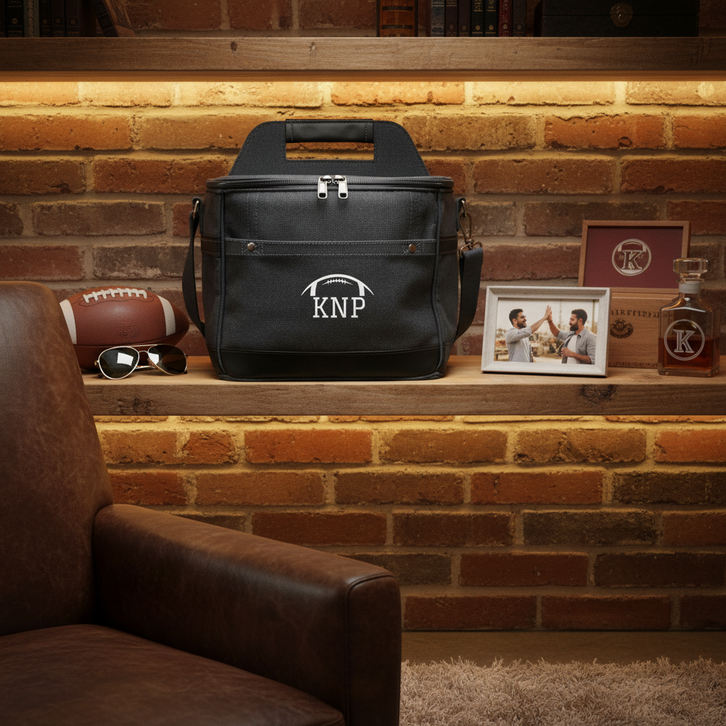 Black canvas tailgate cooler with sample monogram "KNP" and football emblem, displayed on brick shelf with leather chair visible below