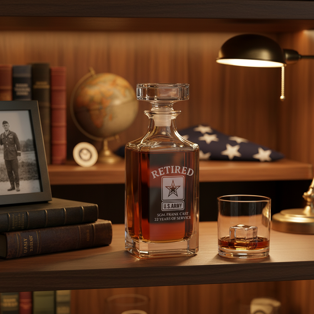 Personalized Army retirement decanter displayed on shelf with matching rocks glass, engraved with sample text "SGM. FRANK C. SMITH, 22 YEARS OF SERVICE" and U.S. Army star logo