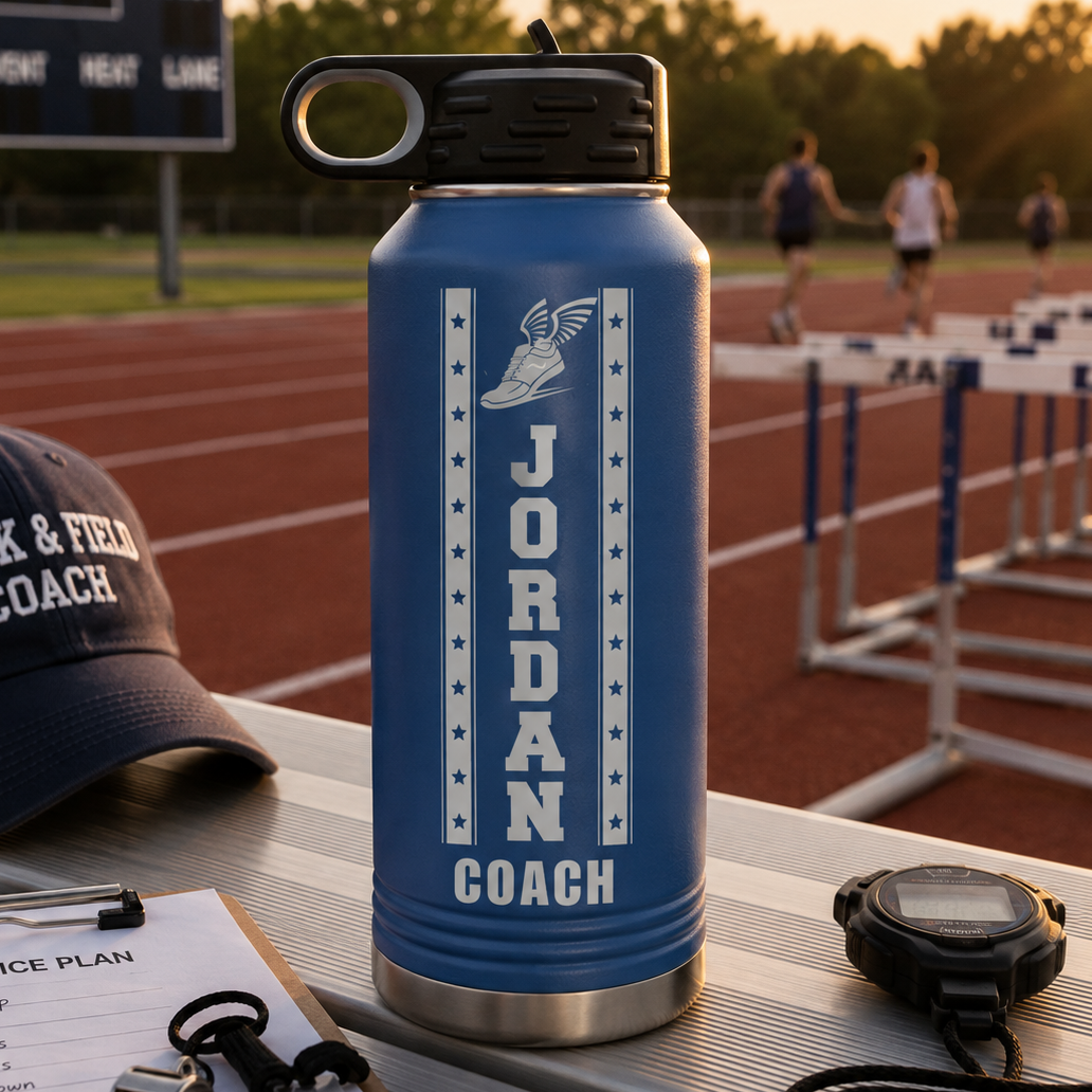 Blue insulated water bottle with sample engraving reading "JORDAN COACH" and winged shoe design, displayed on table at track field.