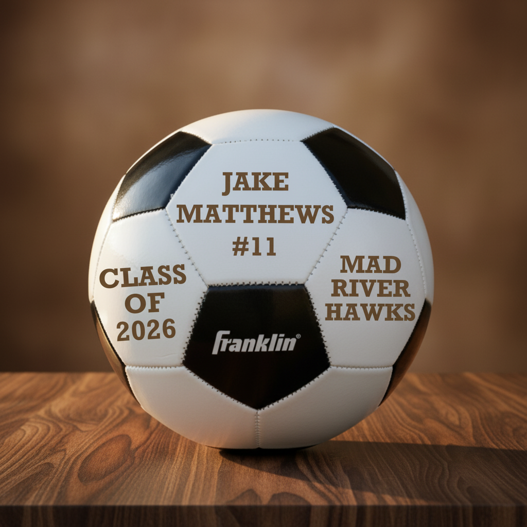 Soccer ball with sample personalization showing name "JAKE MATTHEWS," jersey number "#11," team "MAD RIVER HAWKS," and graduation year "CLASS OF 2026" laser-engraved across white panels