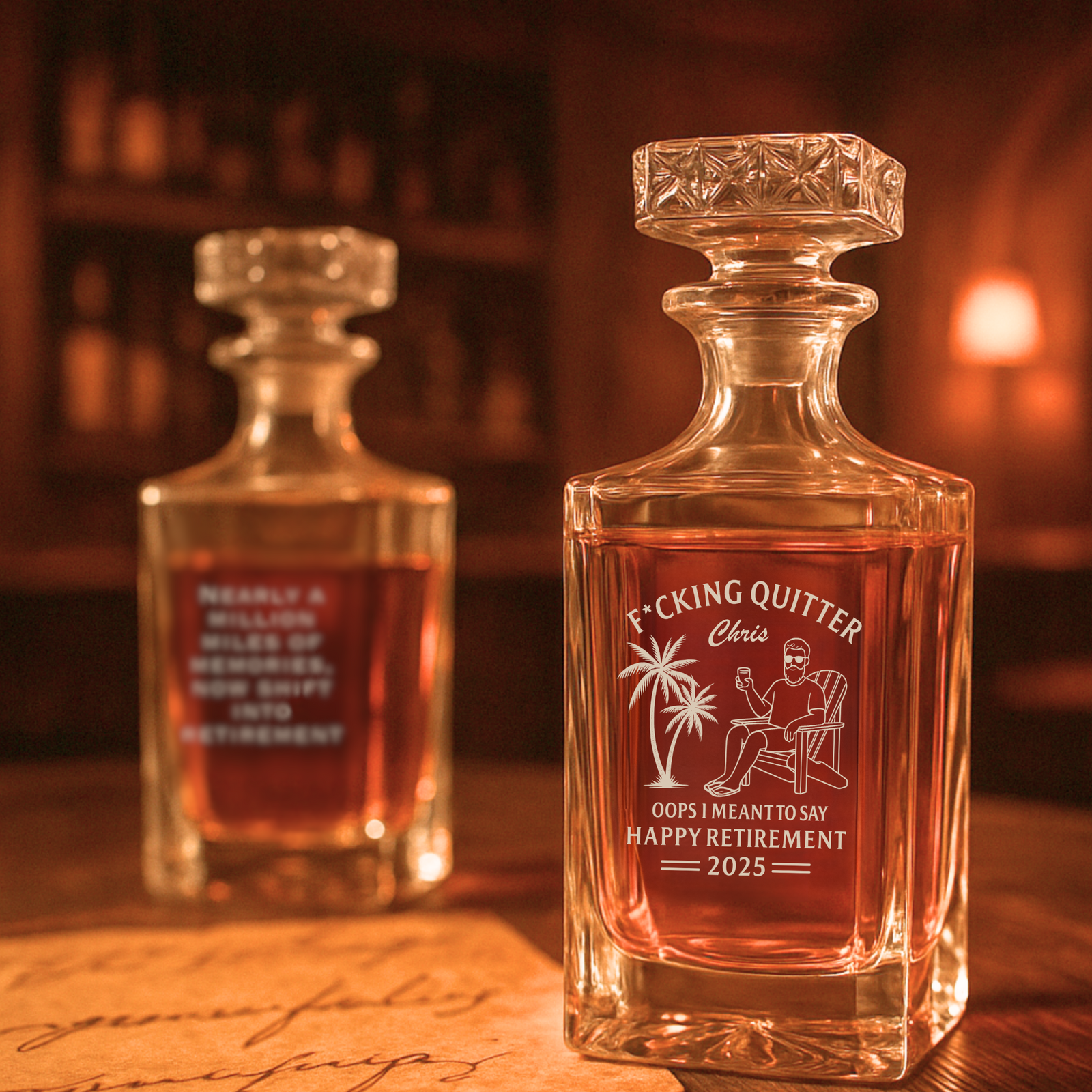 Crystal decanter engraved with sample retirement design featuring "Chris" name, palm tree illustration, and "Oops I Meant To Say Happy Retirement 2025" text, filled with amber liquid and displayed on wooden surface