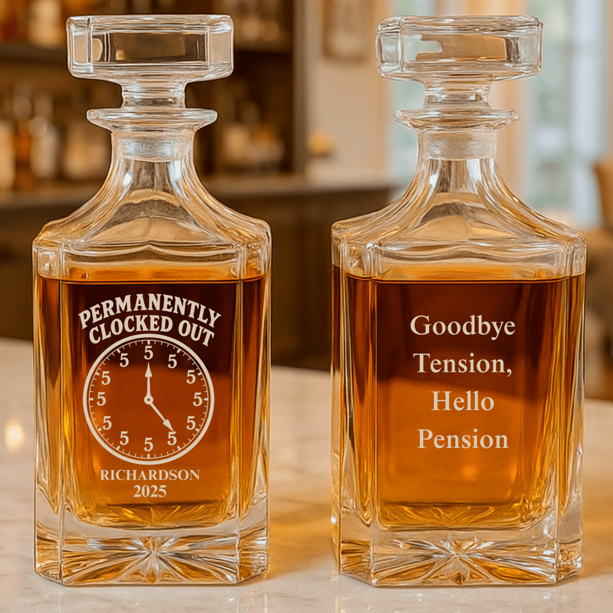 Unique Personalized It's Always 5 O'clock Decanter Customized Retirement Gifts for Men by Groovy Guy