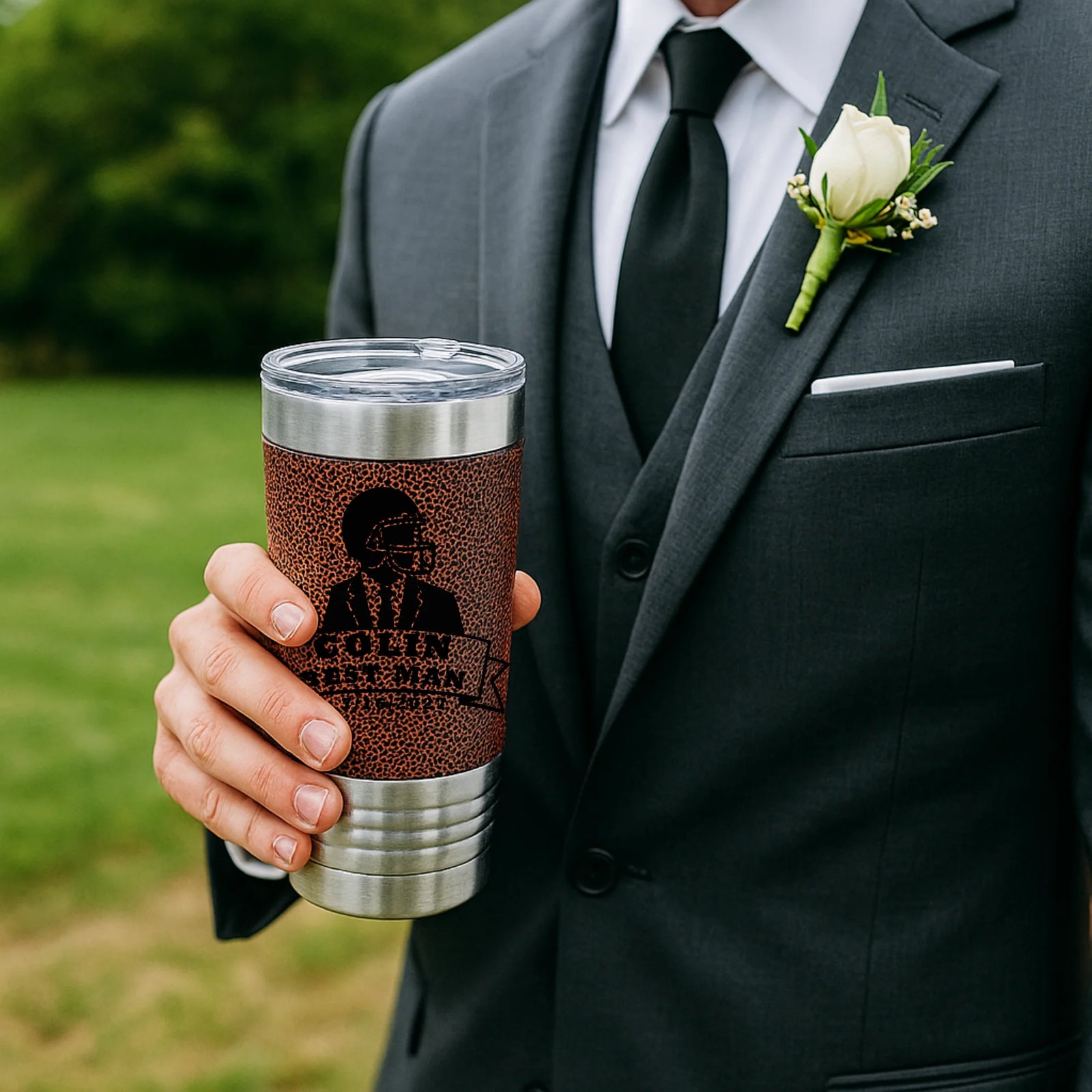Personalized football tumbler with engraved name, groomsman role, and wedding date on faux leather wrap