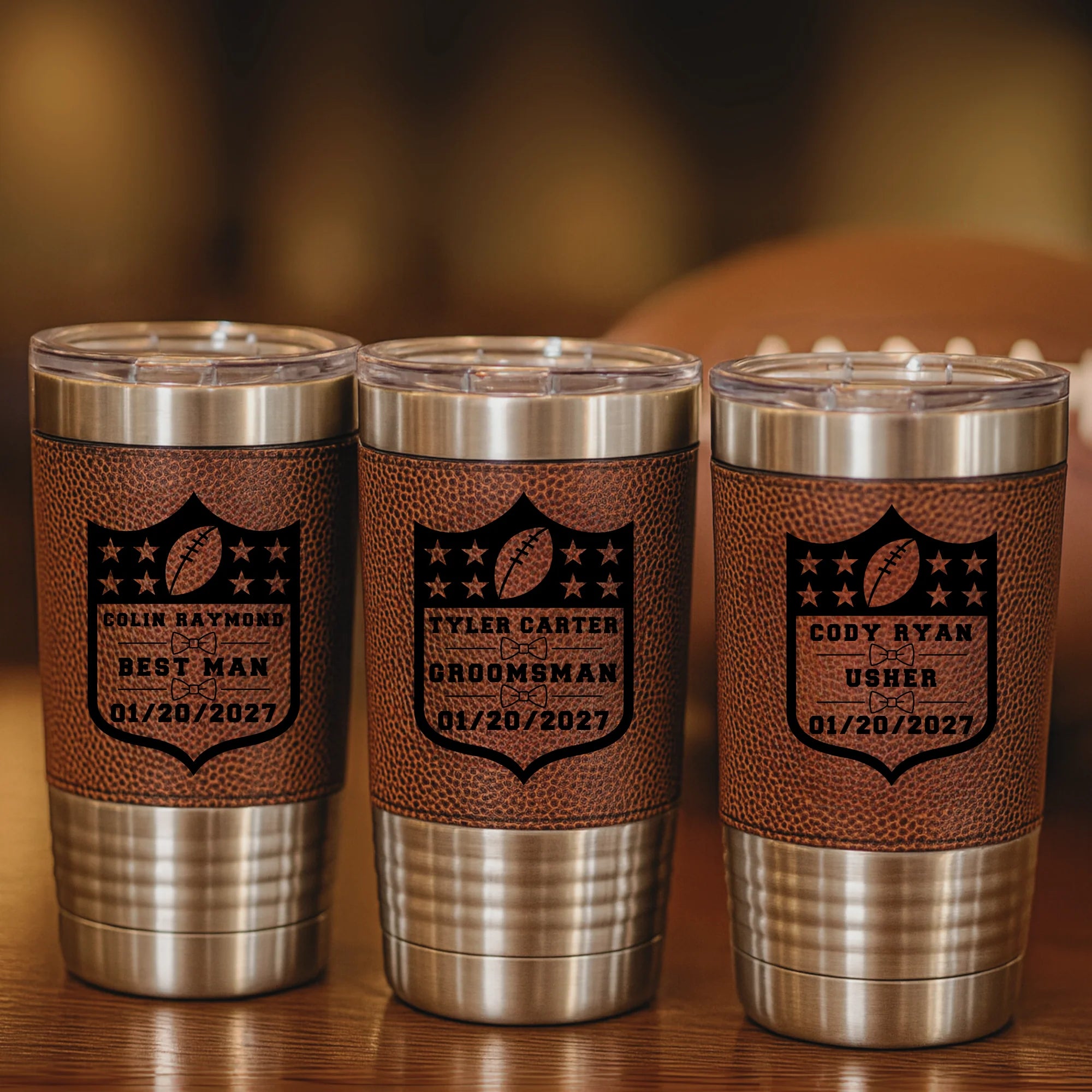 Football-themed stainless steel tumbler with personalized name, role, and wedding date engraving