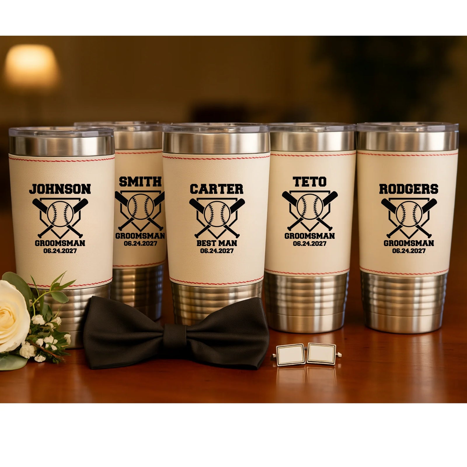 Baseball-themed personalized tumbler with leather stitching and custom engraving for groomsmen gift