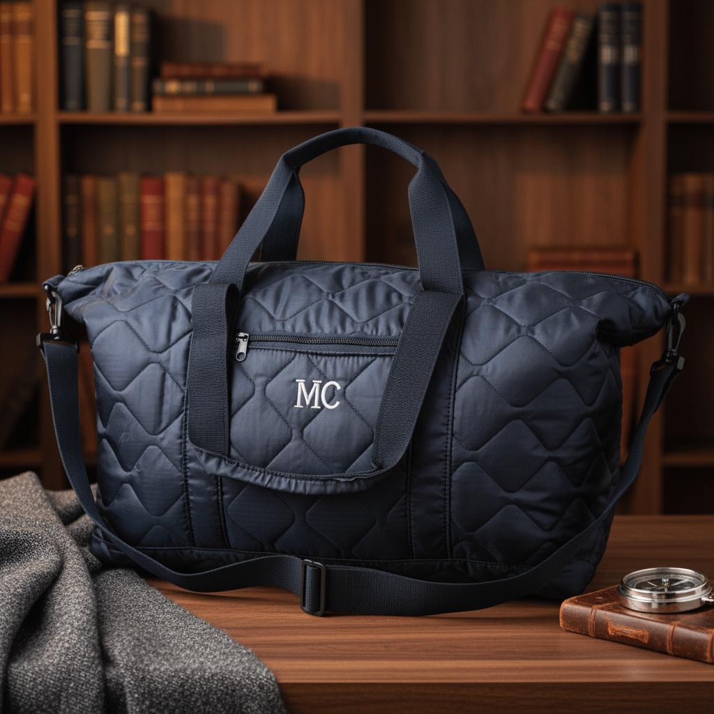Navy quilted duffle bag with sample monogram "MC" on front pocket, dual handles, adjustable shoulder strap, and wooden desk setting with bookshelf backdrop