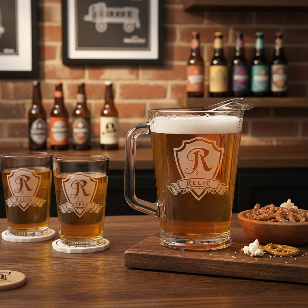 Personalized beer pitcher with sample name "REESE" engraved in shield crest design, displayed with matching etched glasses filled with beer in a pub setting