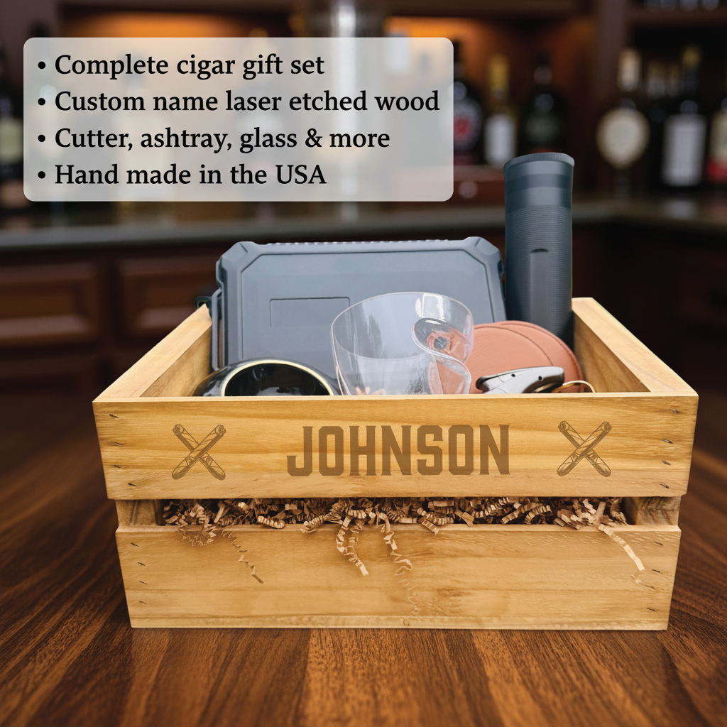 Wood crate engraved with sample name "JOHNSON" and crossed-tools motif, filled with cigar cutter, ashtray, glass, humidor, and accessories
