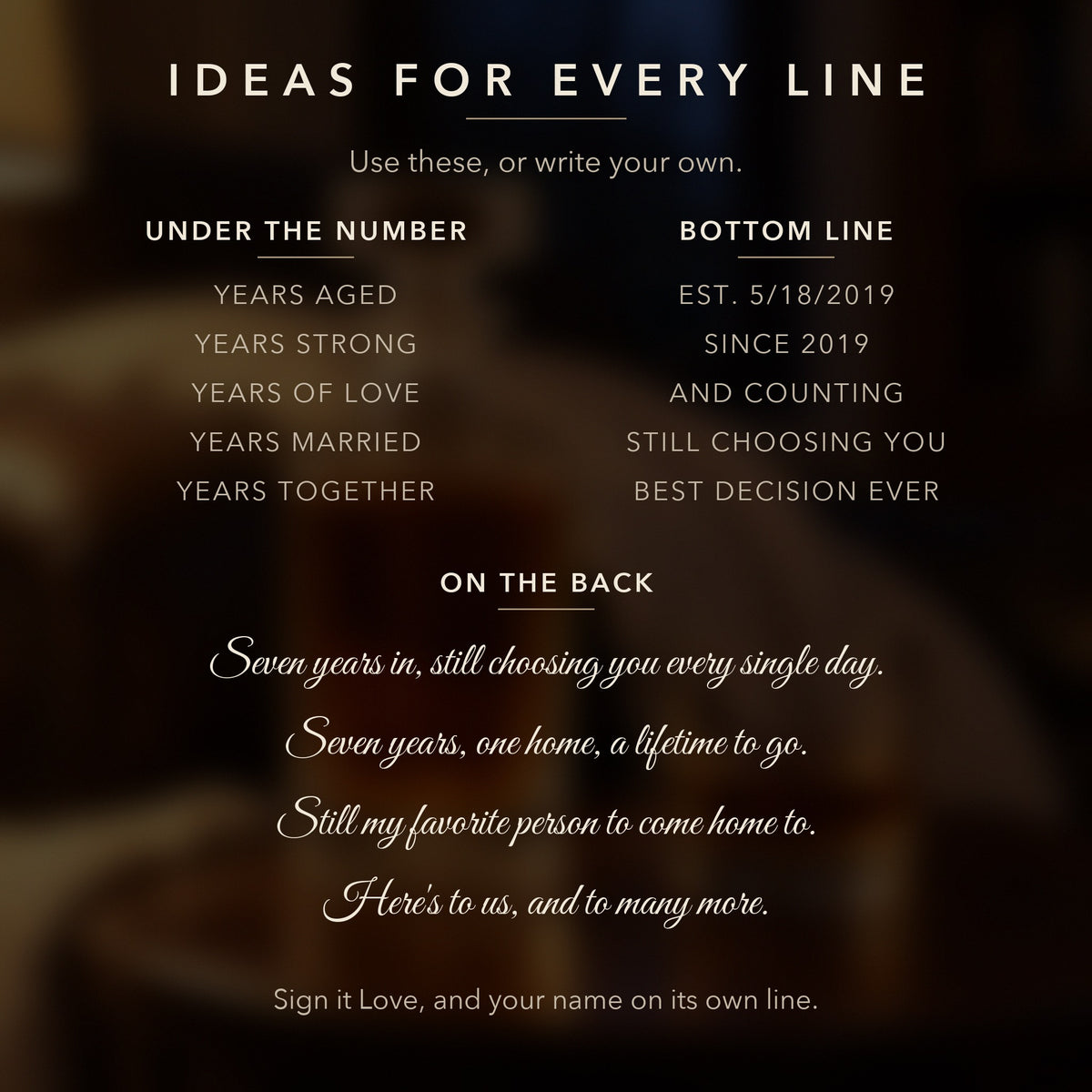 Ideas for every line of the 7th anniversary decanter, like Years Strong or Since 2019, plus back messages for a 7 year anniversary gift for him