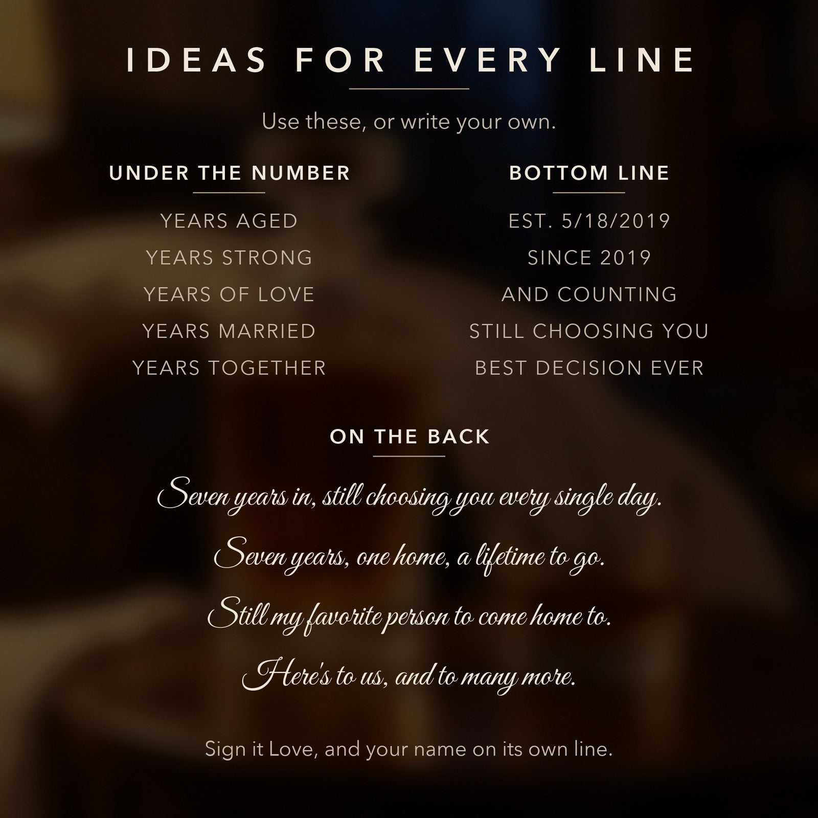 Ideas for every line of the 7th anniversary decanter, like Years Strong or Since 2019, plus back messages for a 7 year anniversary gift for him