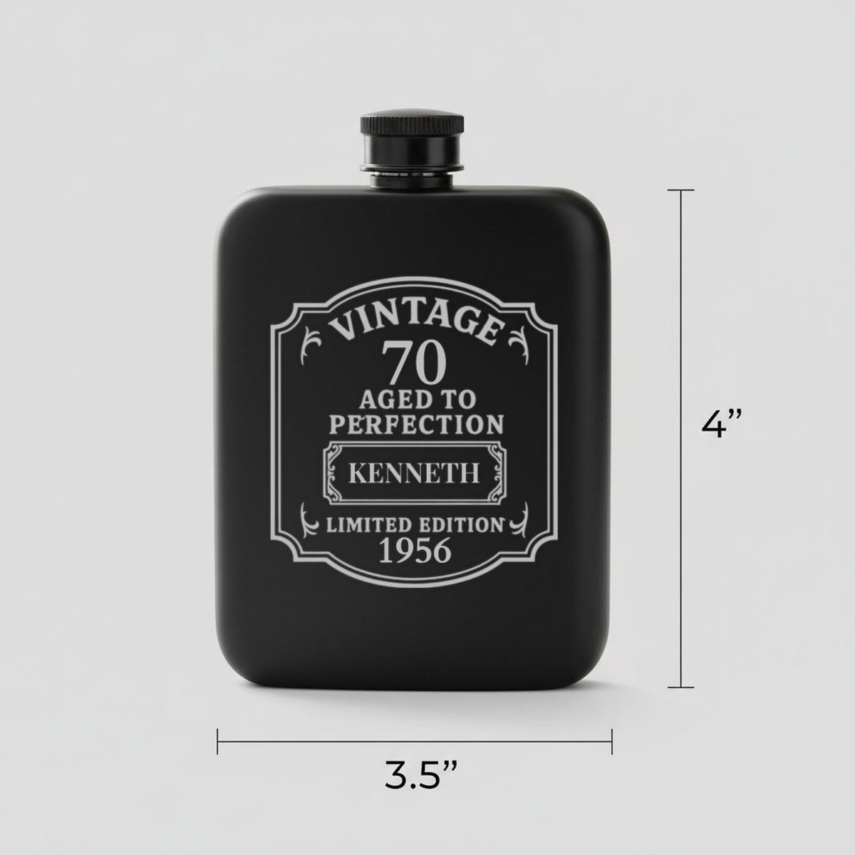 Size guide for the personalized 70th birthday flask, 3.5 inches wide by 4 inches tall, holding 6 ounces, engraved for Kenneth, born 1956.