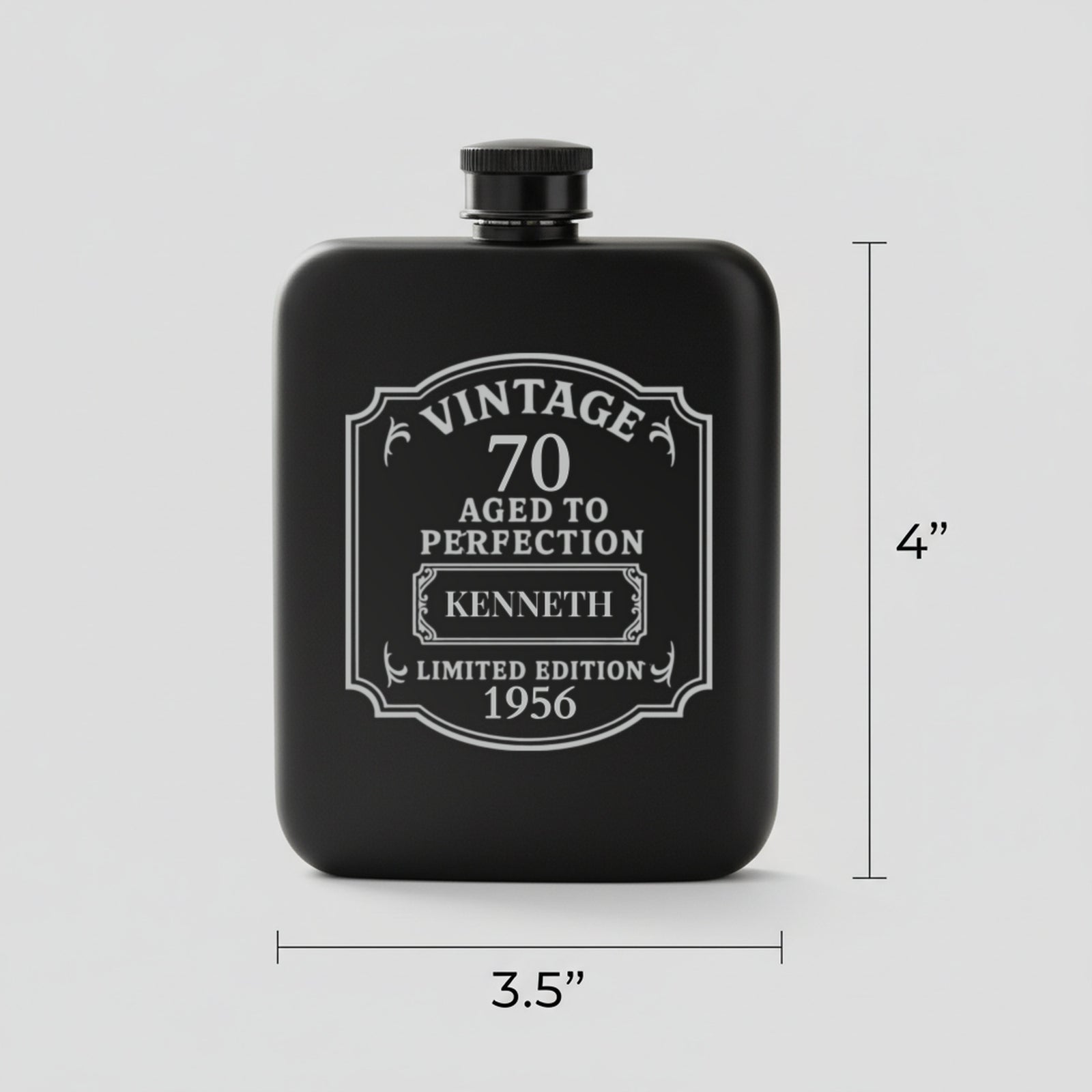 Size guide for the personalized 70th birthday flask, 3.5 inches wide by 4 inches tall, holding 6 ounces, engraved for Kenneth, born 1956.