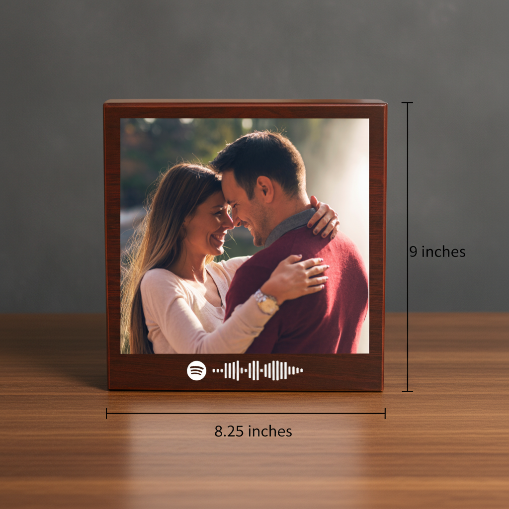 Cherry wood keepsake box displaying sample photo of couple with Spotify scannable code below image, 9 inches tall by 8.25 inches wide