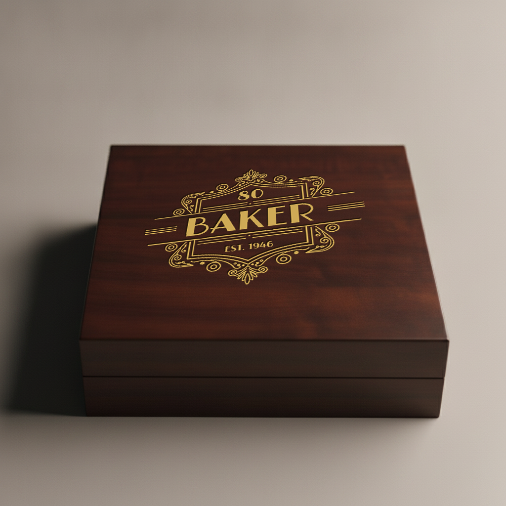 Personalized 80th birthday keepsake box in cherry wood with an engraved art-deco name and year crest, a unique 80th birthday gift for him