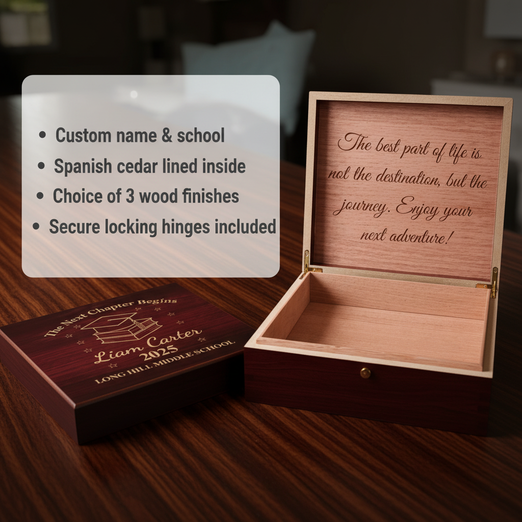 Open wooden keepsake box with sample engraving "The best part of life is not the destination, but the journey. Enjoy your next adventure!" on lid interior, showing Spanish cedar lining and empty storage compartment.