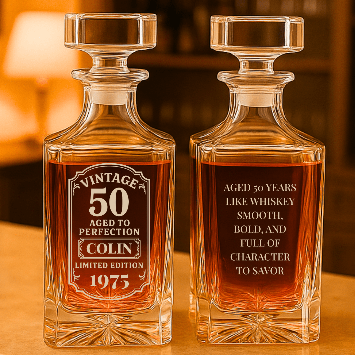 Personalized 50th Birthday Decanter engraved with Vintage 50 Aged to Perfection design, name, birth year, and custom message