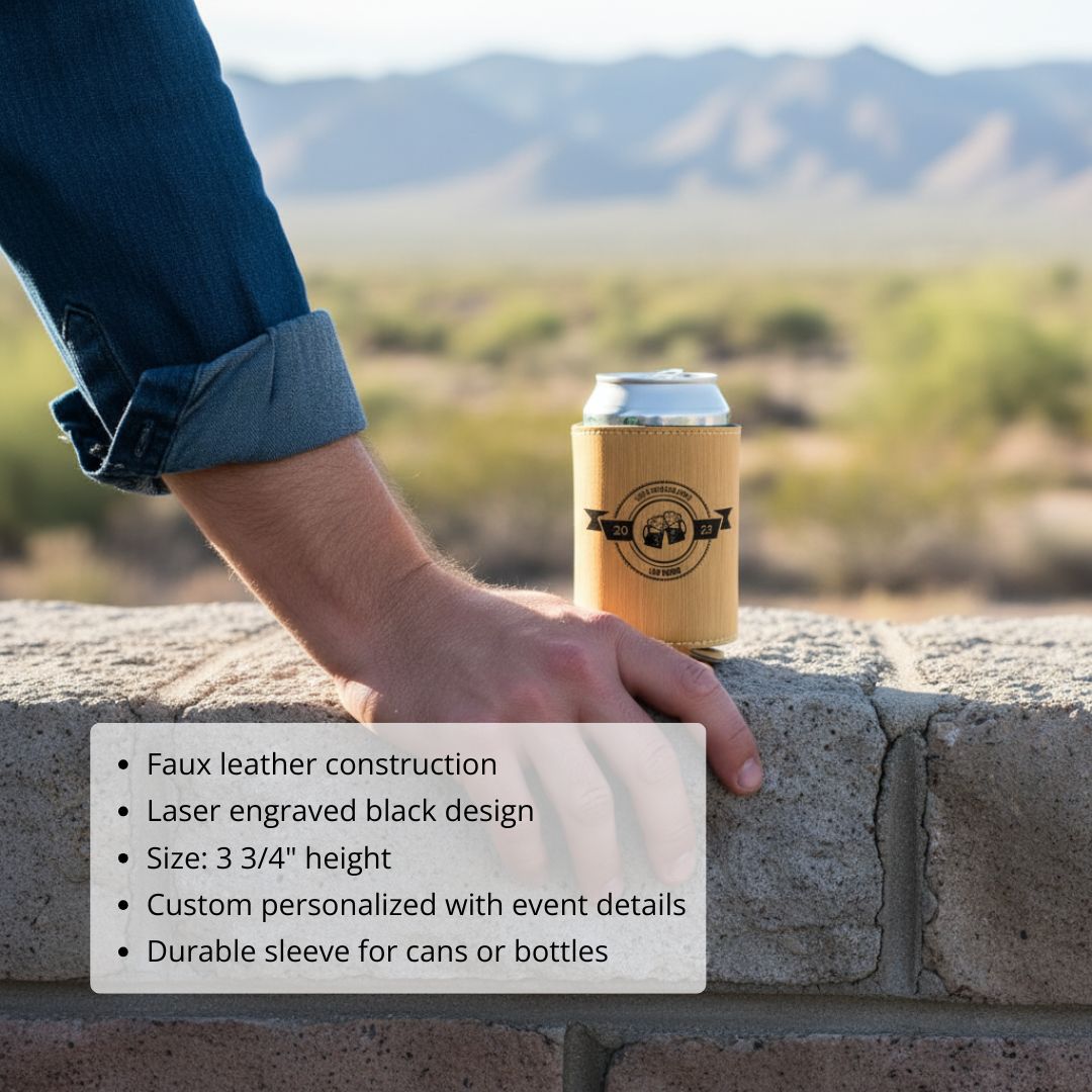 Tan faux leather koozie with laser-engraved black design held by man's hand overlooking desert landscape, standard 12 oz can inside