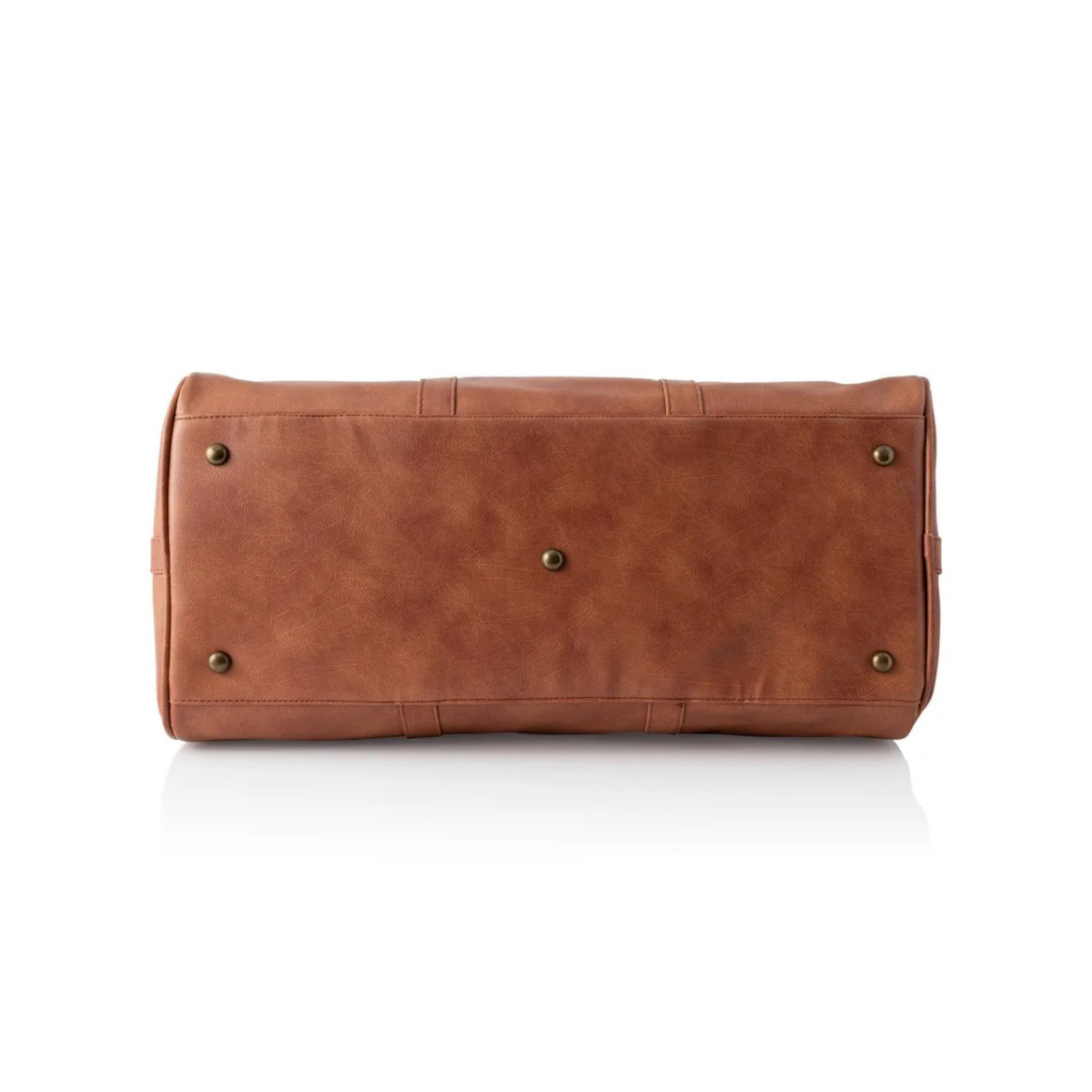 Bottom view of the personalized travel duffle showing brass protective base studs and reinforced stitching across the base panel